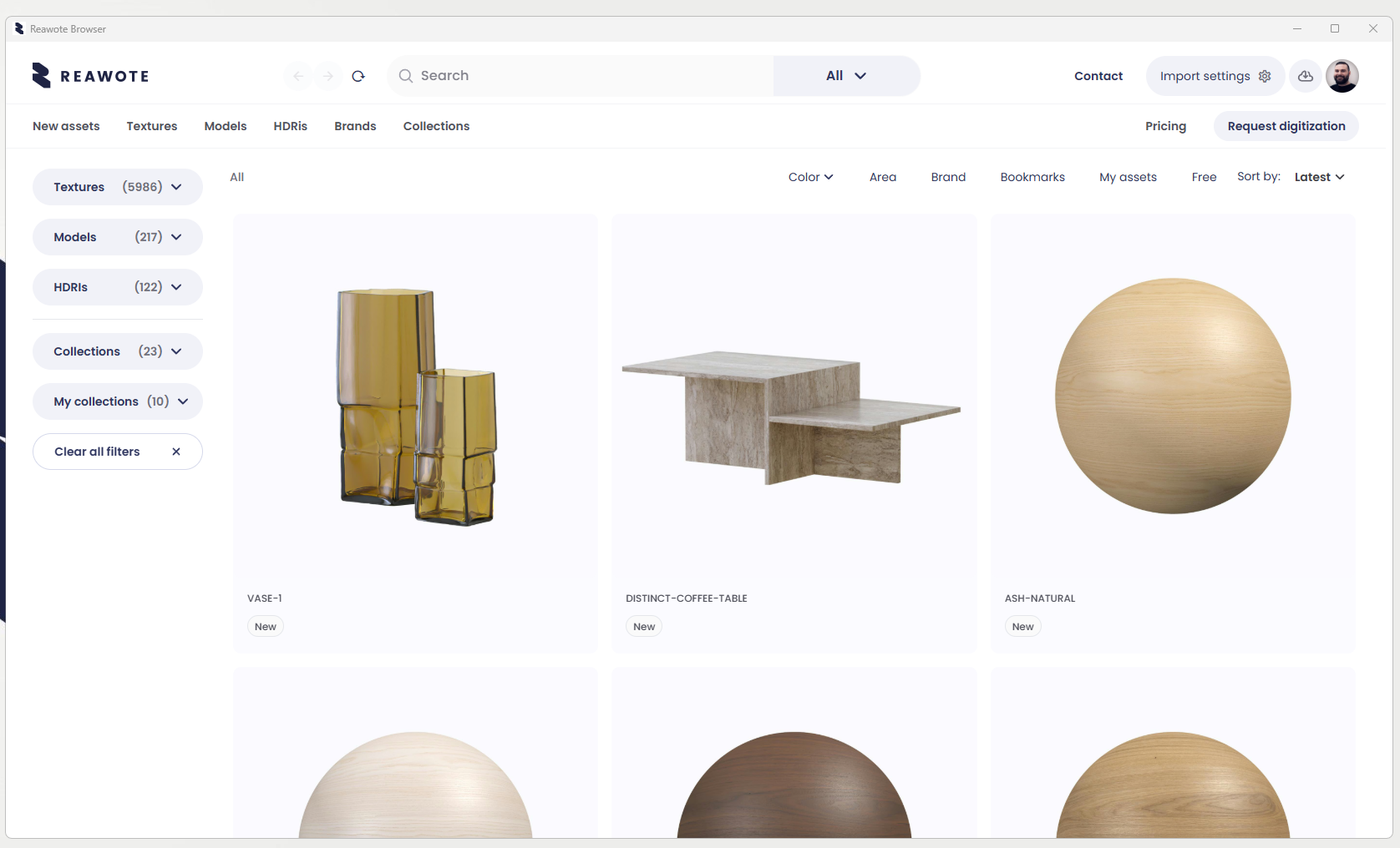 REAWOTE Browser showing production-ready materials and 3D models